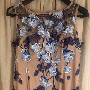 Adrianna Papell Beige Dress with Blue Floral Embroidery